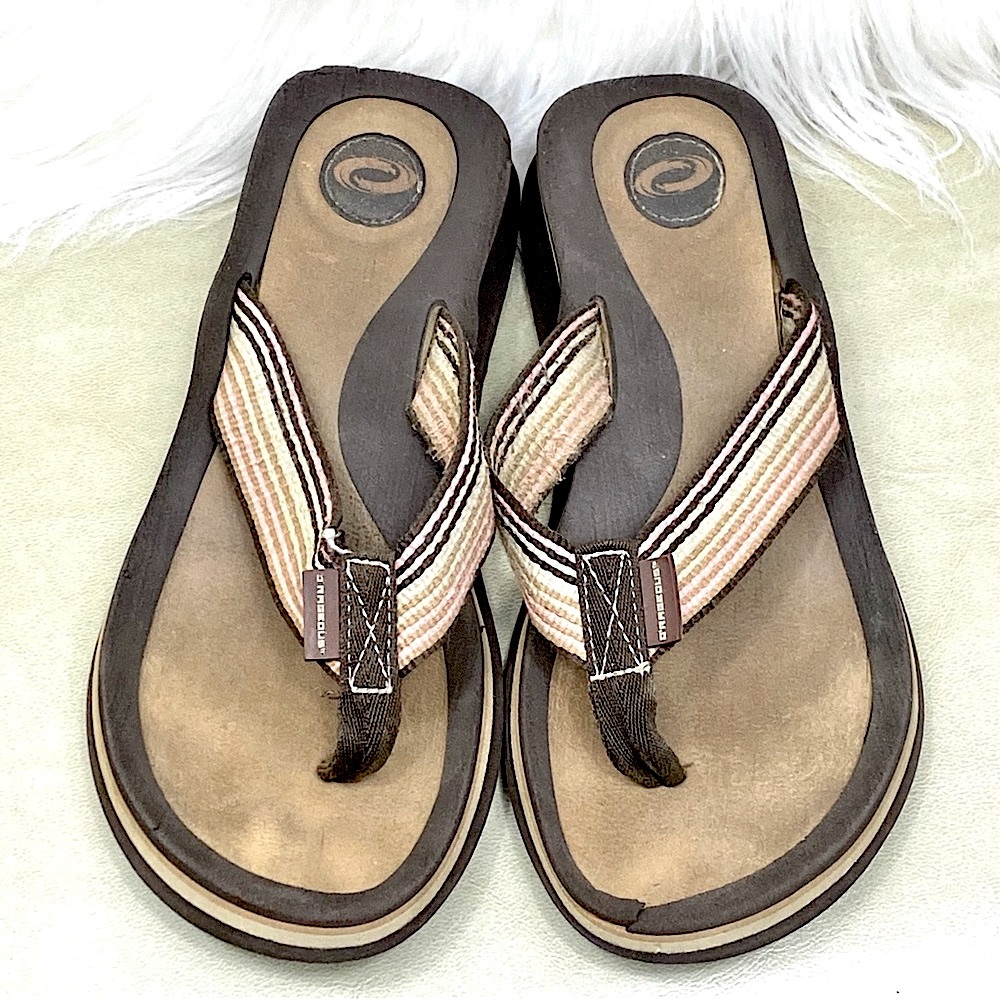 O’Rageous Thong Sandal Low Wedge Style Flip Flops Earthy Neutrals Canvas Stripe